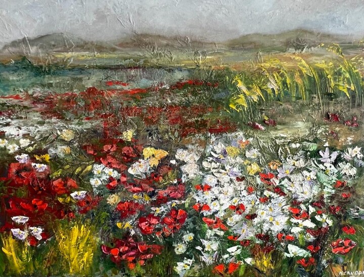 Malarstwo zatytułowany „Flores rojas y blan…” autorstwa Nuria Candau, Oryginalna praca, Olej