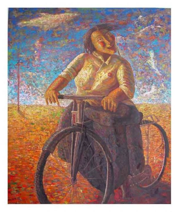 Painting titled "Bicycle" by Tsering Nyandak, Original Artwork