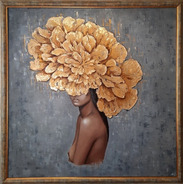 Painting titled "Girl in gold flowers" by Nyuta Gribovskaya, Original Artwork, Oil Mounted on Wood Stretcher frame