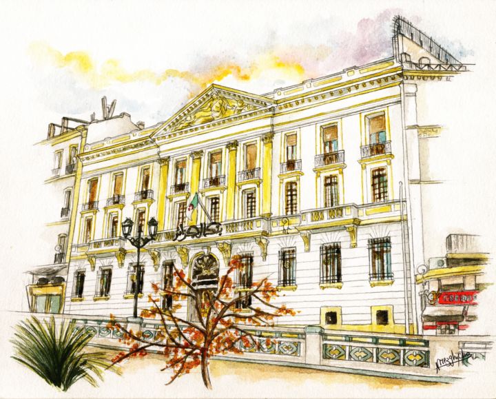 Painting titled "Banque d'Algérie, C…" by Narimène Mezghiche, Original Artwork, Watercolor