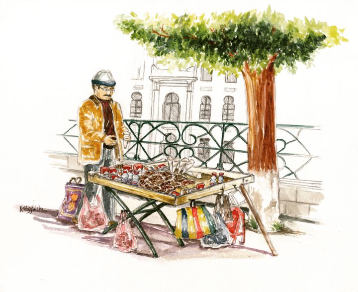 Painting titled "Vendeur ambulant, C…" by Narimène Mezghiche, Original Artwork, Watercolor