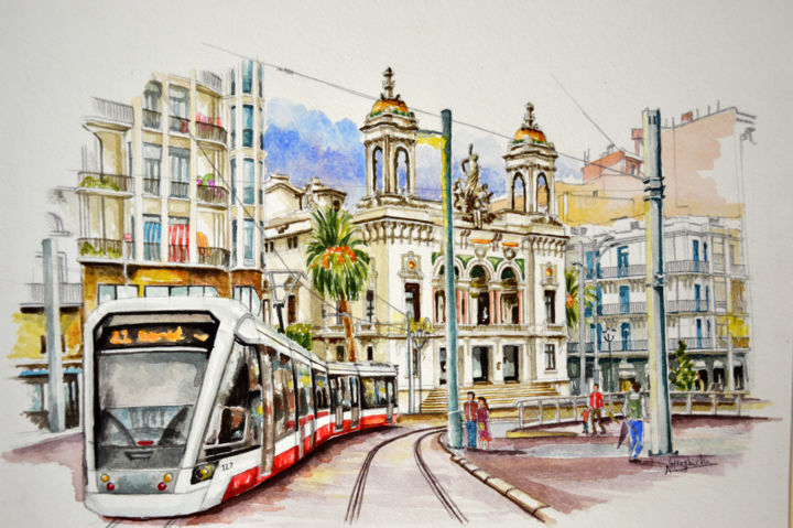 Painting titled "Théâtre d'Oran" by Narimène Mezghiche, Original Artwork, Watercolor