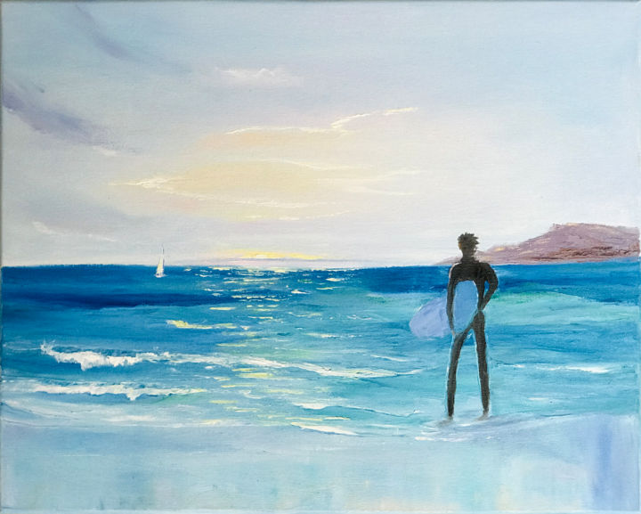 Painting titled "Surfer on Laguna Be…" by Olga Chernetsova, Original Artwork, Oil