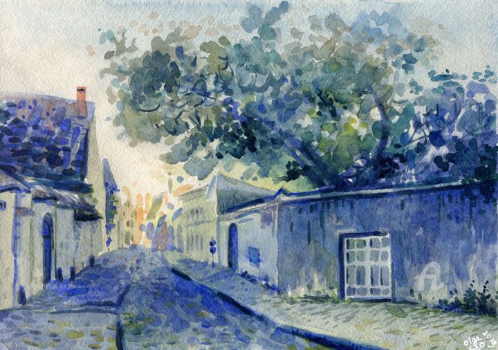 Ζωγραφική με τίτλο "Old street in the B…" από Olga Sto, Αυθεντικά έργα τέχνης, Ακουαρέλα