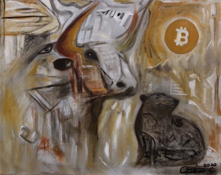 Painting titled "Bitcoin Bull Run Ha…" by Outarow Chhuong, Original Artwork, Oil Mounted on Wood Stretcher frame