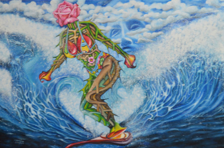 Schilderij getiteld "Riding the Waves" door O Yemi Tubi, Origineel Kunstwerk, Olie