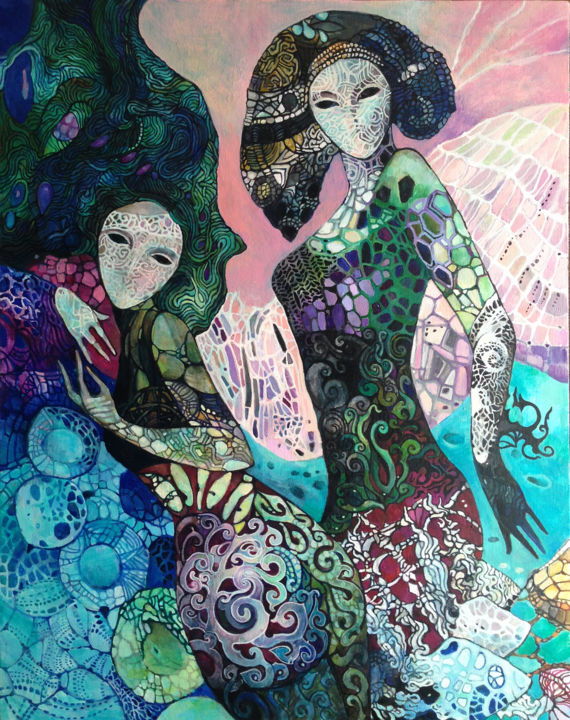 Pintura intitulada "Undines Maidens" por Olga, Obras de arte originais, Óleo