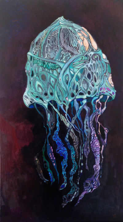 Painting titled "Telepathic jellyfish" by Olga, Original Artwork, Oil