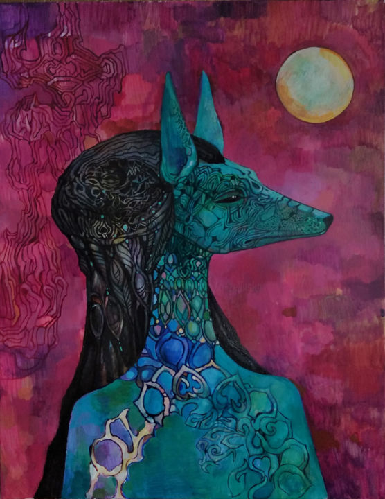 Painting titled "ANUBIS AND MOON" by Olga, Original Artwork, Oil