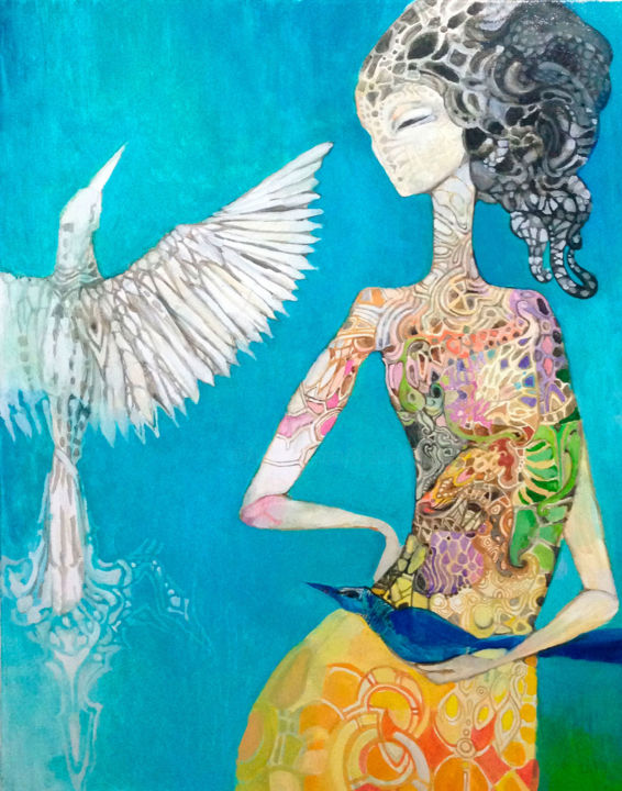 Painting titled "blue bird" by Olga, Original Artwork, Oil
