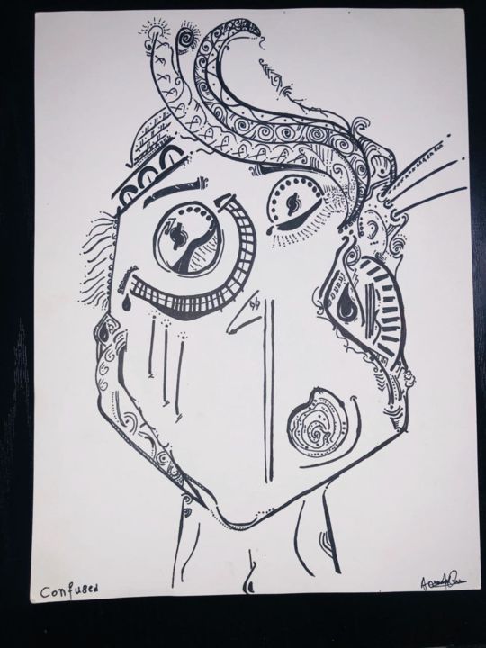 Drawing titled "Confused" by Oussama Aouameur, Original Artwork, Marker