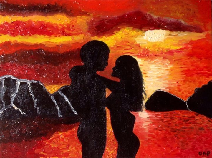 Painting titled "Couple coucher de s…" by Oap, Original Artwork, Oil