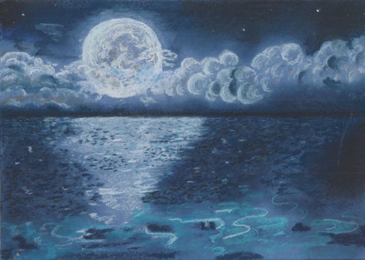 Картина под названием "Луна над Черным мор…" - Olga Dokuchaeva, Подлинное произведение искусства, Пастель