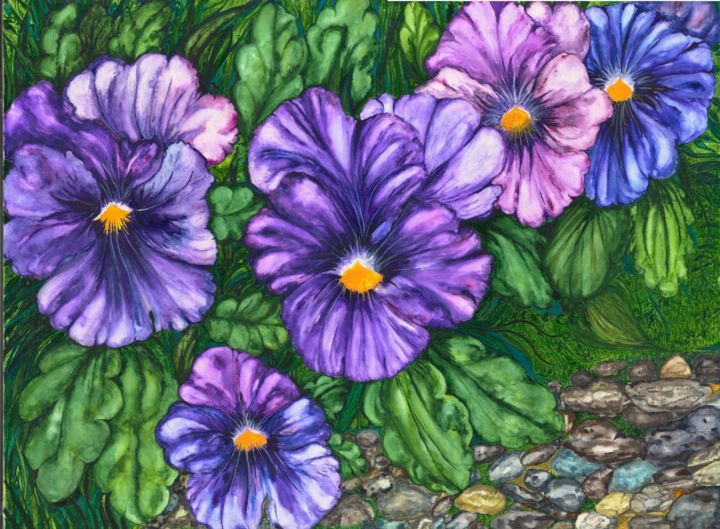 Картина под названием "Flowers and stones" - Olga Dokuchaeva, Подлинное произведение искусства, Акварель Установлен на картон
