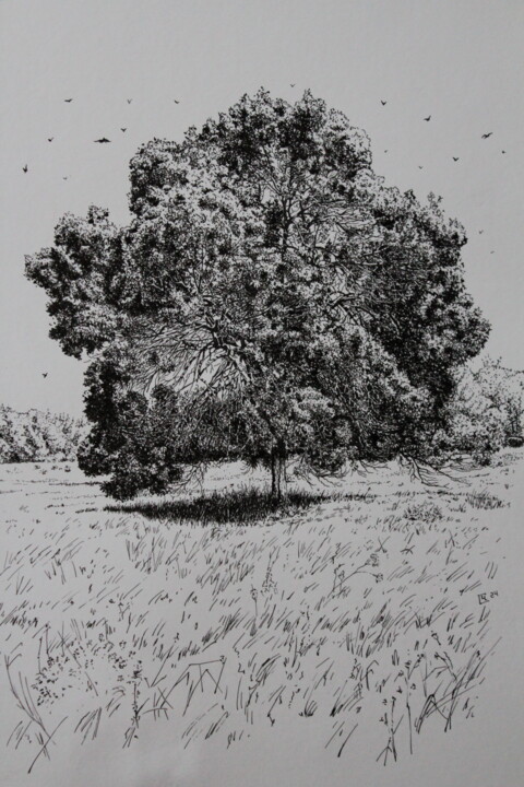 Desenho intitulada "A Tree in The Field" por Spartak Chernyshov, Obras de arte originais, Tinta