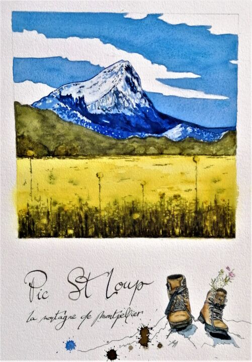 Malerei mit dem Titel "Le Pic St Loup - Mo…" von Paola Grendene, Original-Kunstwerk, Aquarell Auf Andere starre Platte monti…