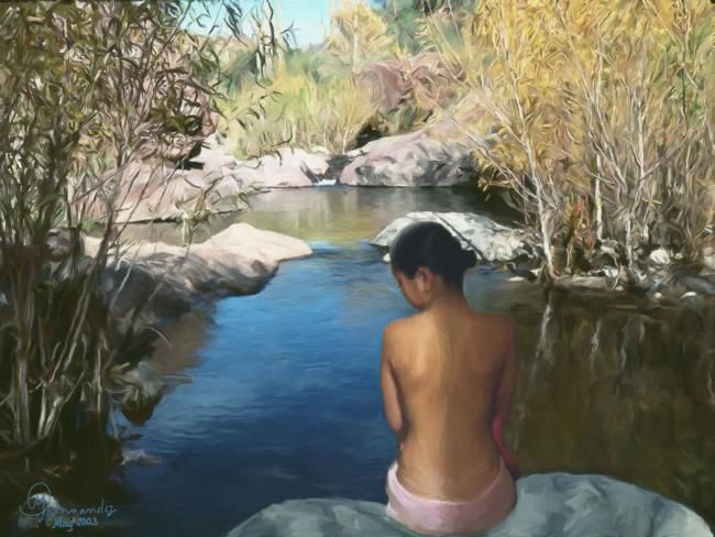 Painting titled "Valyn's river" by Maria Pureza Escaño, Original Artwork, Oil