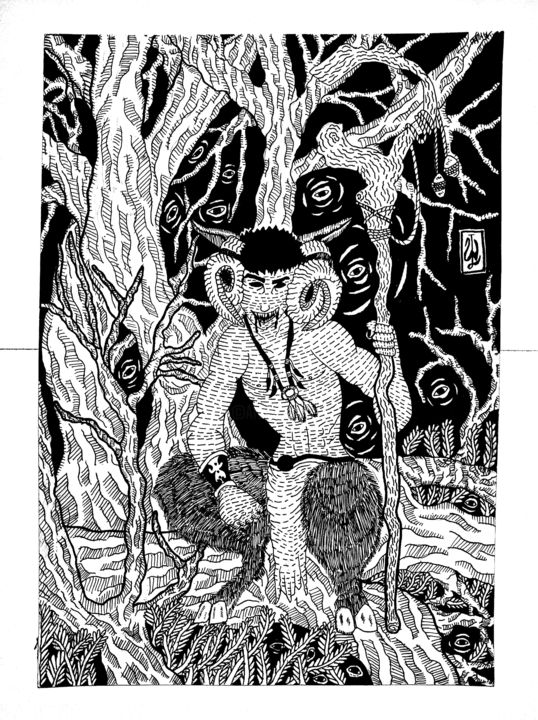 Drawing titled "Iblis hutan dari ko…" by Adi Nugroho, Original Artwork, Ballpoint pen Mounted on Wood Panel