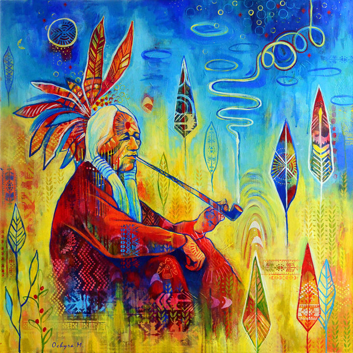 Painting titled "Peace pipe" by Marianna Ochyra, Original Artwork, Acrylic