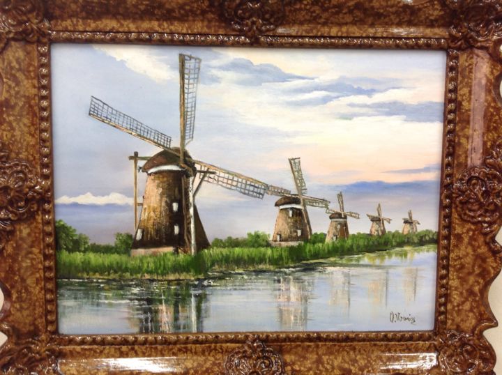 Painting titled "Dutch wintmills" by Octav Vornicu, Original Artwork, Oil