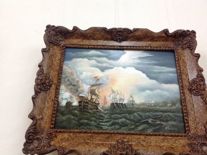 Painting titled "Naval battle." by Octav Vornicu, Original Artwork, Oil