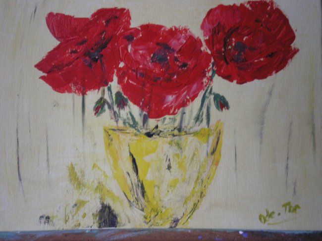 Painting titled "3 coquelicots sur j…" by Ode, Original Artwork, Oil