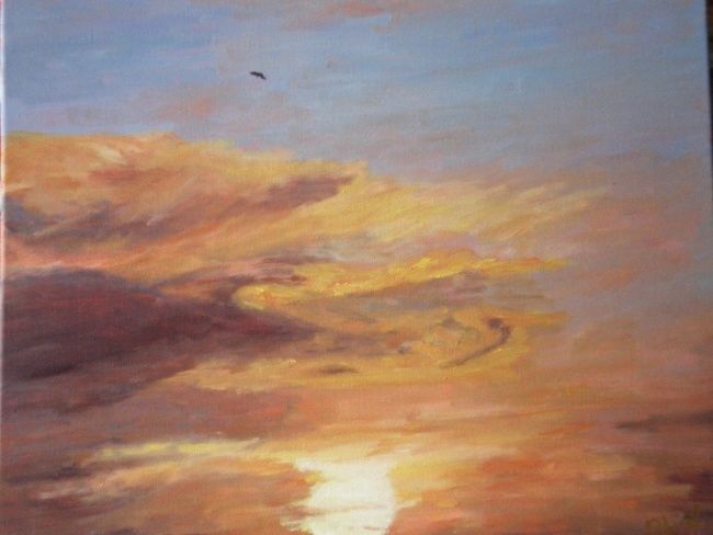 Peinture intitulée "COUCHER DE SOLEIL A…" par Ode, Œuvre d'art originale, Huile