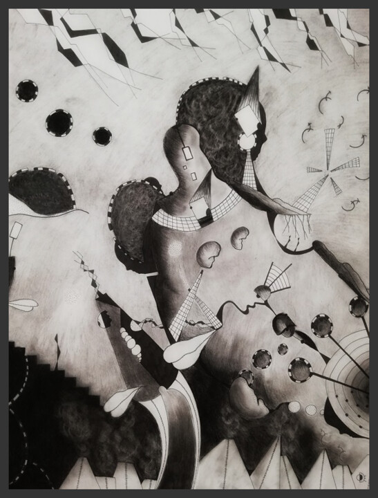 Рисунок под названием "Un vent éléctrique" - Ode Nieto, Подлинное произведение искусства, Древесный уголь