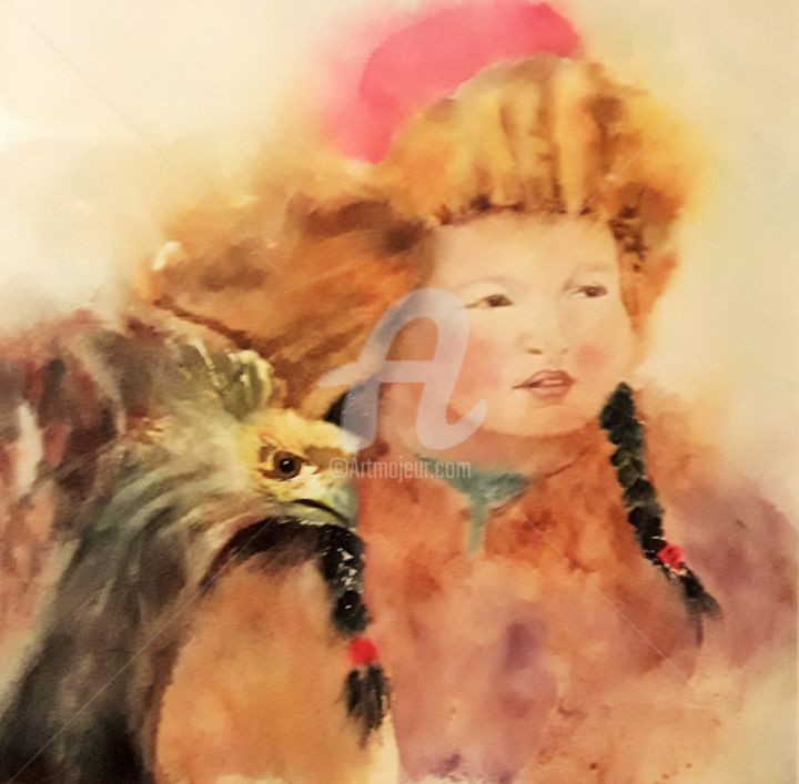 Peinture intitulée "l'enfant et l'oiseau" par Aquarelles D'Ô, Œuvre d'art originale, Aquarelle