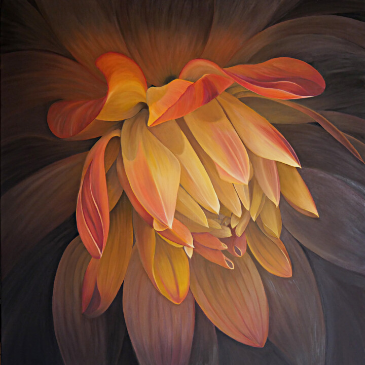 Painting titled "Dahlia 04" by Odile Faure, Original Artwork, Oil Mounted on Wood Stretcher frame