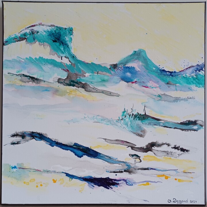 Painting titled "De roches et d'eau/…" by Odile Degand, Original Artwork, Ink Mounted on Wood Stretcher frame