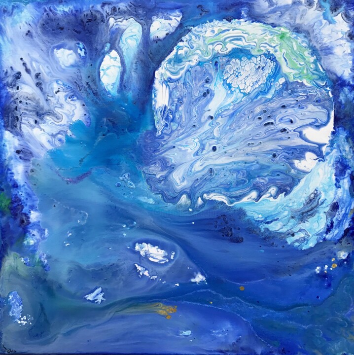 「Terra Blue」というタイトルの絵画 Odile Lanoixによって, オリジナルのアートワーク, アクリル ウッドストレッチャーフレームにマウント