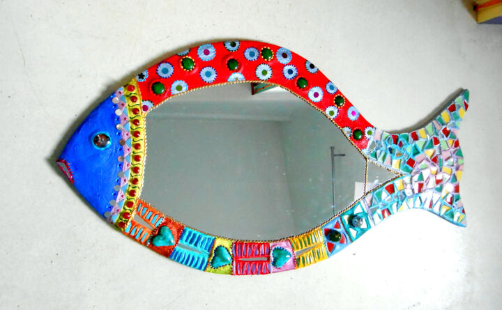Design intitulée "Mosaïque miroir "Po…" par Odile Maffone, Œuvre d'art originale, Mosaïque
