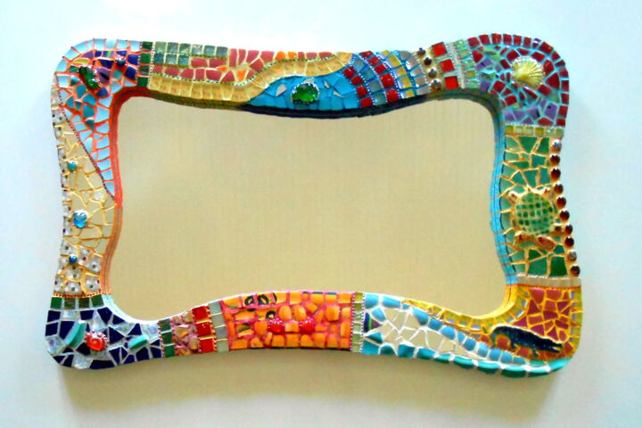 Design intitulée "miroir mosaïque " O…" par Odile Maffone, Œuvre d'art originale, Meuble Monté sur Panneau de bois