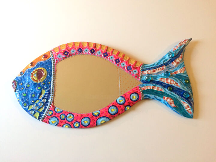 Design intitulée "miroir  "poisson qu…" par Odile Maffone, Œuvre d'art originale, Accessoires Monté sur Panneau de bois