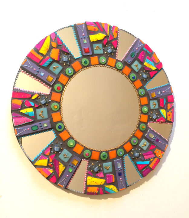 Design intitulée "miroir mosaïque ron…" par Odile Maffone, Œuvre d'art originale, Céramique Monté sur Panneau de bois