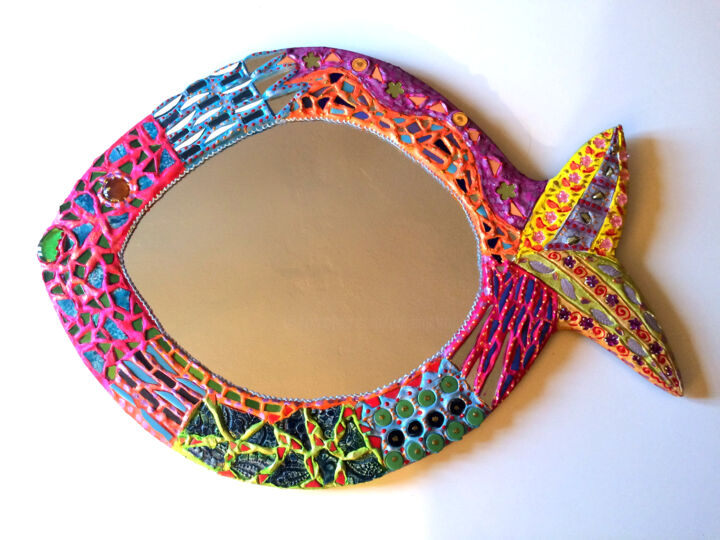 Design mit dem Titel "miroir "poisson Coc…" von Odile Maffone, Original-Kunstwerk, Mosaik Auf Holzplatte montiert