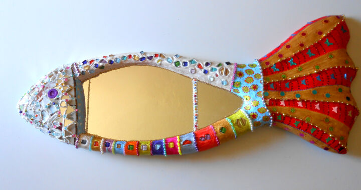 Sculpture titled "miroir "poisson Pee…" by Odile Maffone, Original Artwork, Mosaic Mounted on Wood Panel