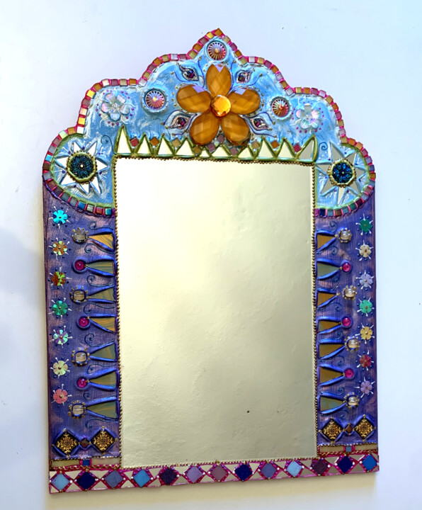 Peinture intitulée "miroir style indien…" par Odile Maffone, Œuvre d'art originale, Acrylique Monté sur Panneau de bois