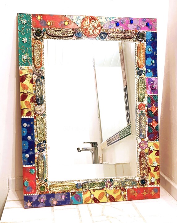 Design intitulée "miroir mosaïque de…" par Odile Maffone, Œuvre d'art originale, Céramique Monté sur Panneau de bois