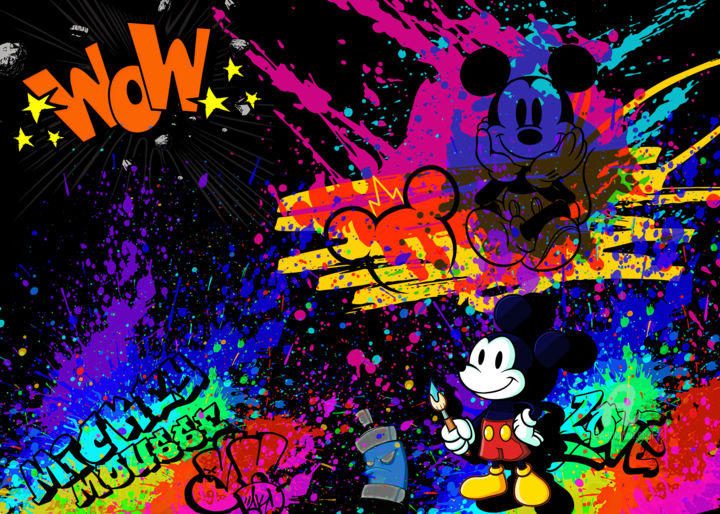 Digital Arts titled "Mickey pop color" by Odin Doisy, Original Artwork, Digital Painting Mounted on Wood Stretcher frame