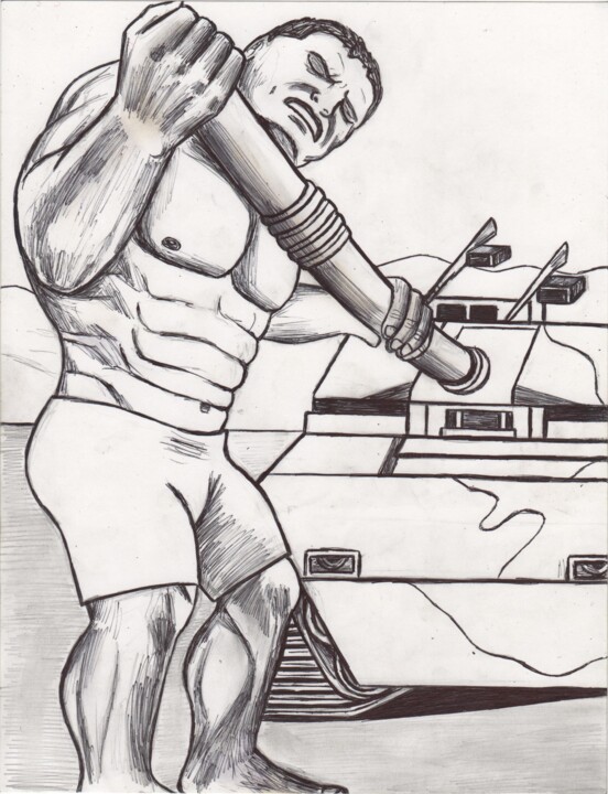 Zeichnungen mit dem Titel "Hulk and army tank" von Odinel Pierre  Junior, Original-Kunstwerk, Tinte