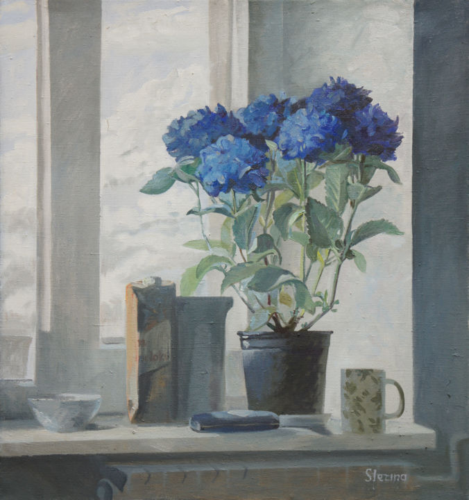 Peinture intitulée "Hydrangea on the wi…" par Oksana Slezina, Œuvre d'art originale, Huile
