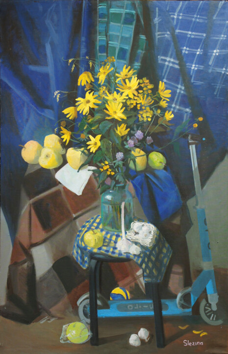 Картина под названием "Yellow Flowers" - Oksana Slezina, Подлинное произведение искусства, Масло
