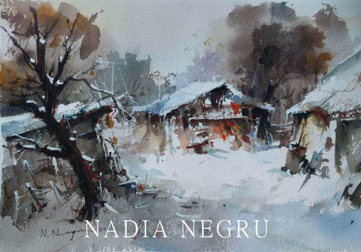 Painting titled "Peisaj de iarna" by Nadia Negru, Original Artwork, Watercolor