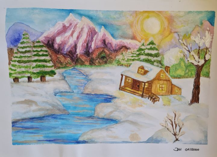 Painting titled "Silence snow" by Diana Hermes, Original Artwork, Watercolor