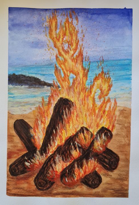 Painting titled "Beach on fire" by Diana Hermes, Original Artwork, Watercolor