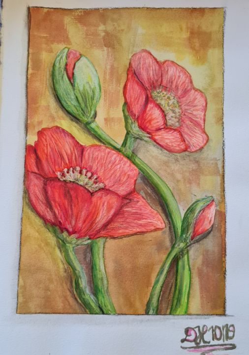 Painting titled "Red Flowers" by Diana Hermes, Original Artwork, Watercolor