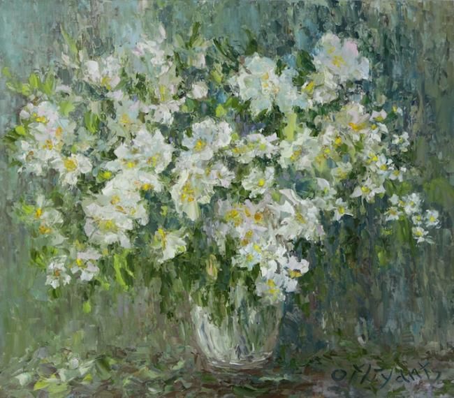 Pittura intitolato "white flowers" da Irina Ofliyants, Opera d'arte originale, Olio