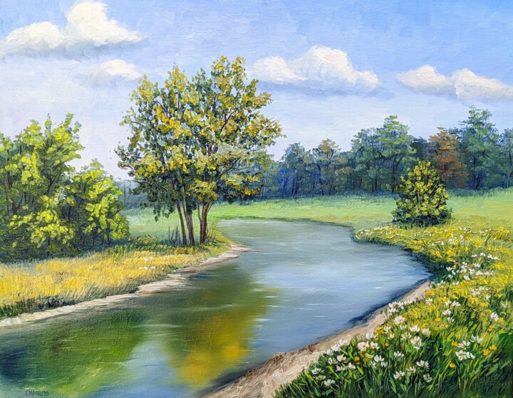Painting titled "Landschaft am Fluss…" by Olga Hanns (O. Hanns), Original Artwork, Oil